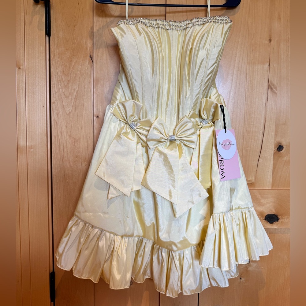 KissProm Yellow Strapless Dress with Sparkly Bow Detail